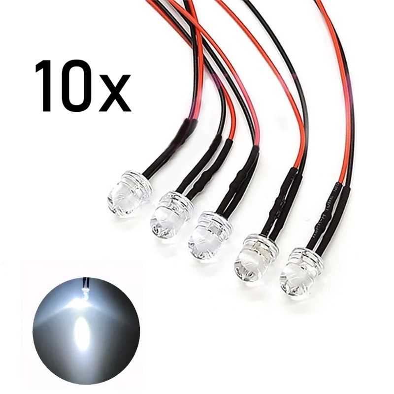 10x White LED Light Single Bulb Wired Resistor 5-12V 10mm Large Round Top Clear