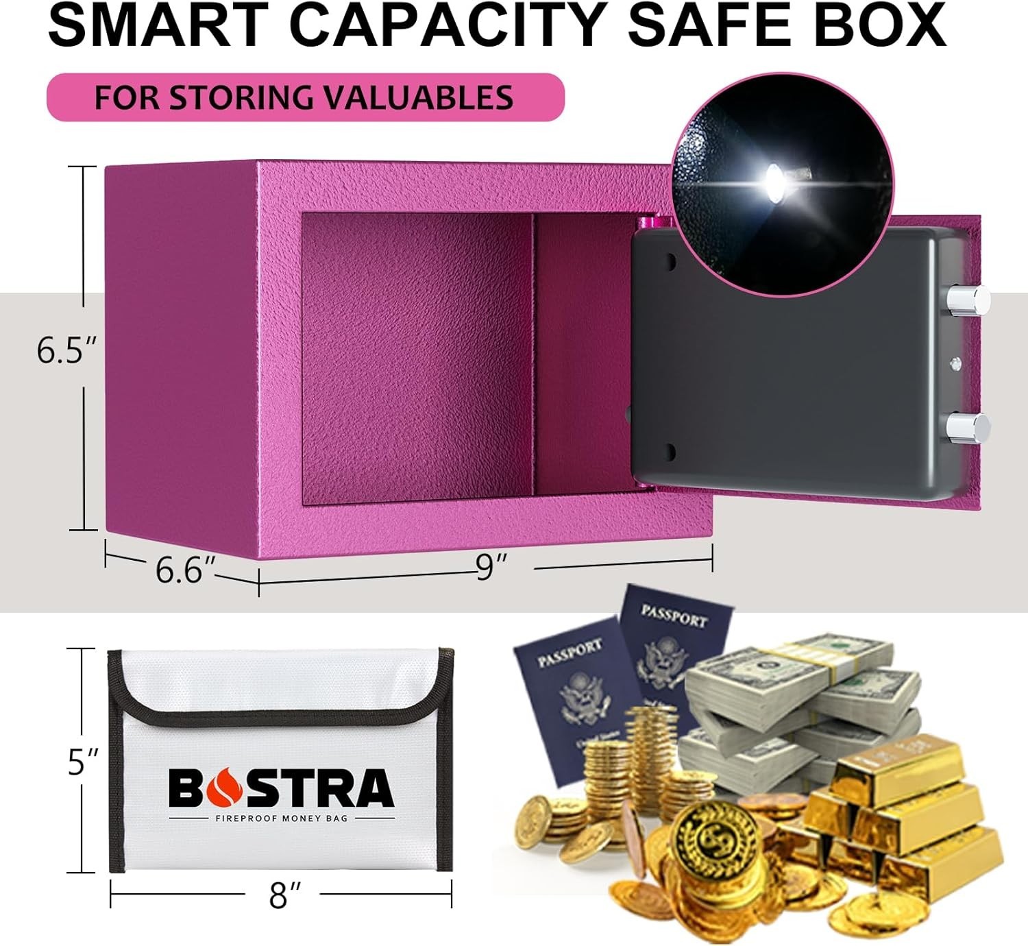 Bostra Fireproof Safe Box w/Sensor Light, Keys, Digital Keypad Pass Code, Pink