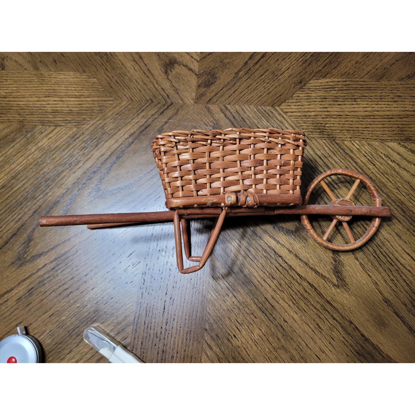 Vintage Woven Wicker Wheelbarrow Basket Decorative Rustic Planter Decor