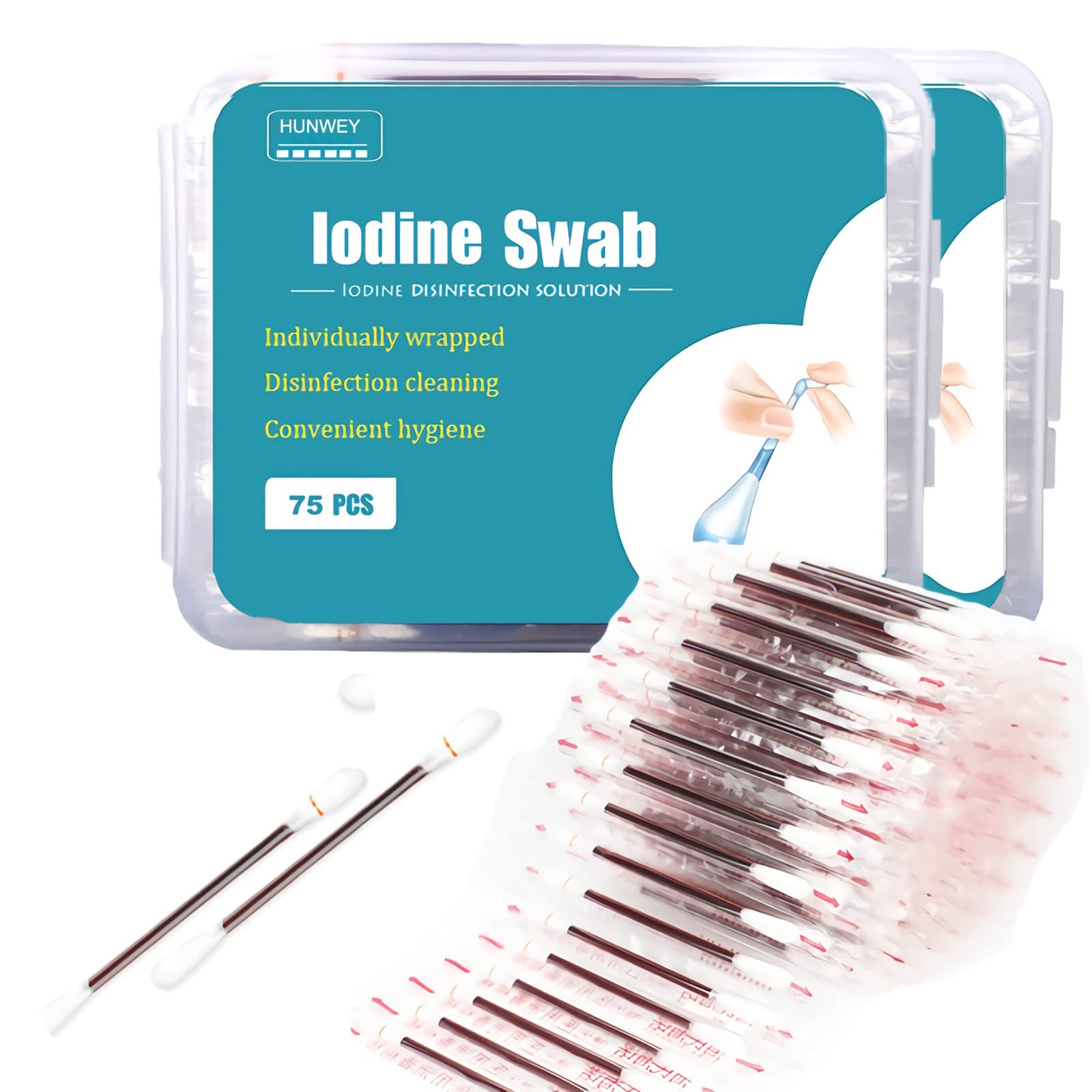 HUNWEY 150 Individually Wrapped- Iodine Cotton Swabs 75 Count (Pack of 2)