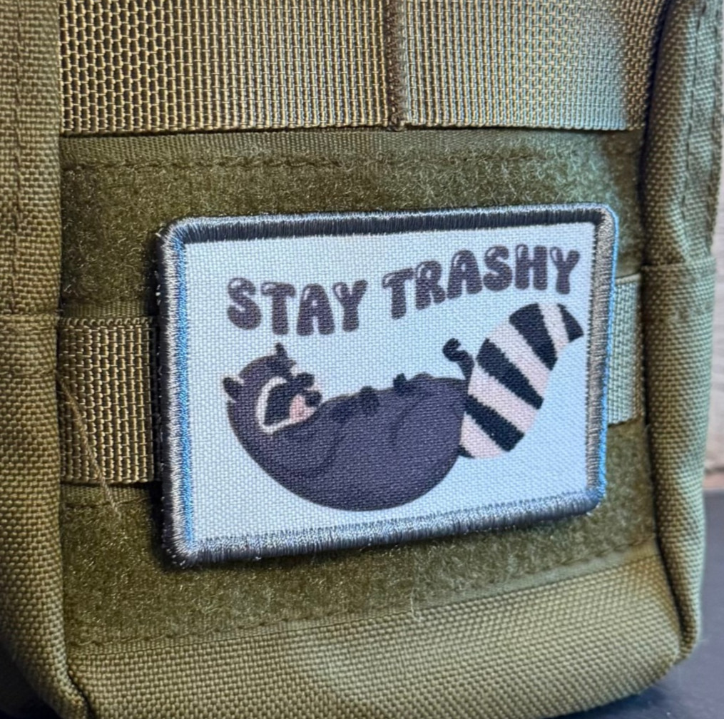 Stay Trashy Raccoon Funny Morale Patch, 2x3 Trash Panda | VELCRO® Brand Fastener