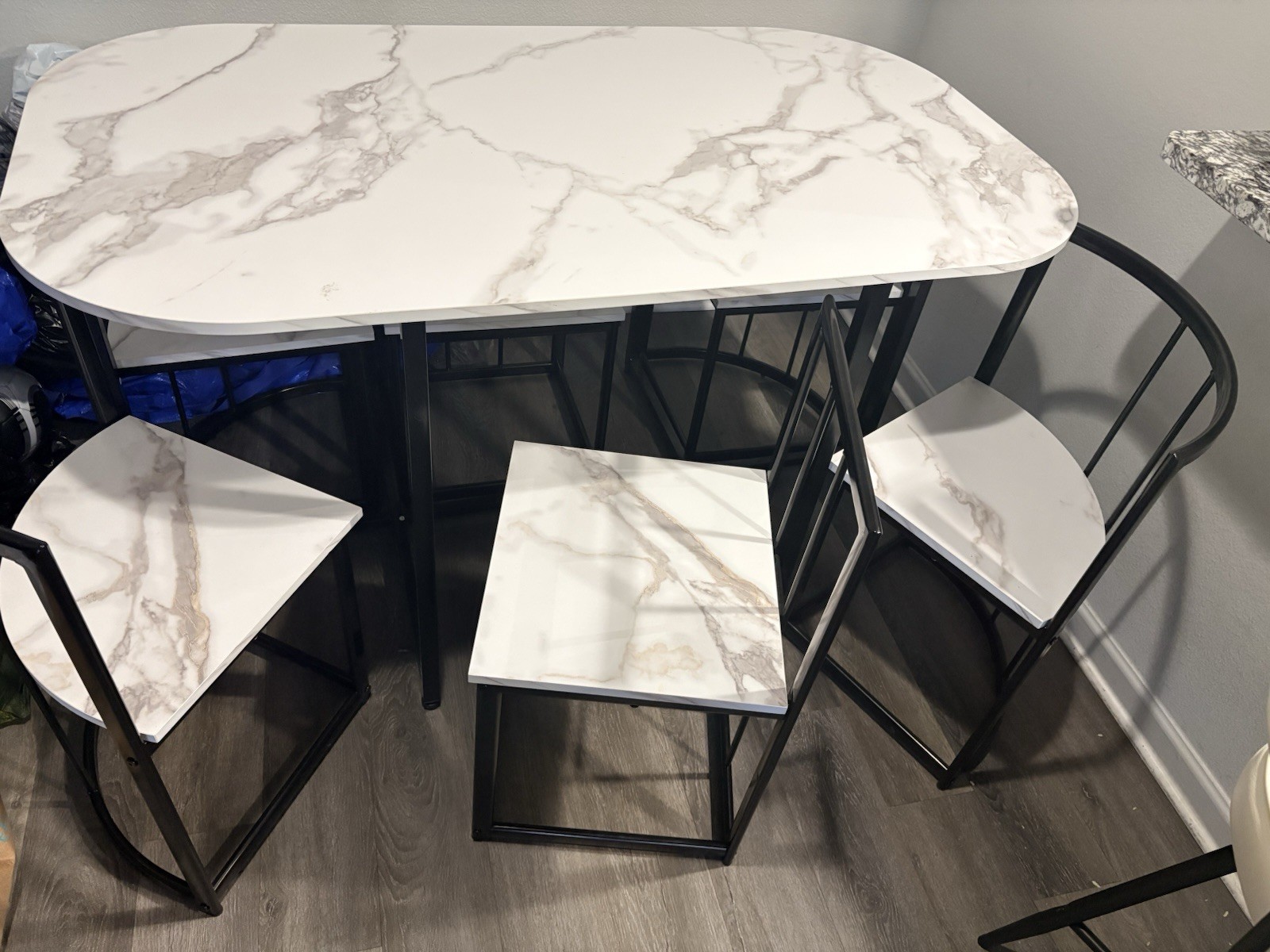 7Piece Marble Pattern Dining Set Space Saving Modern Rectangular Table 6 Chairs
