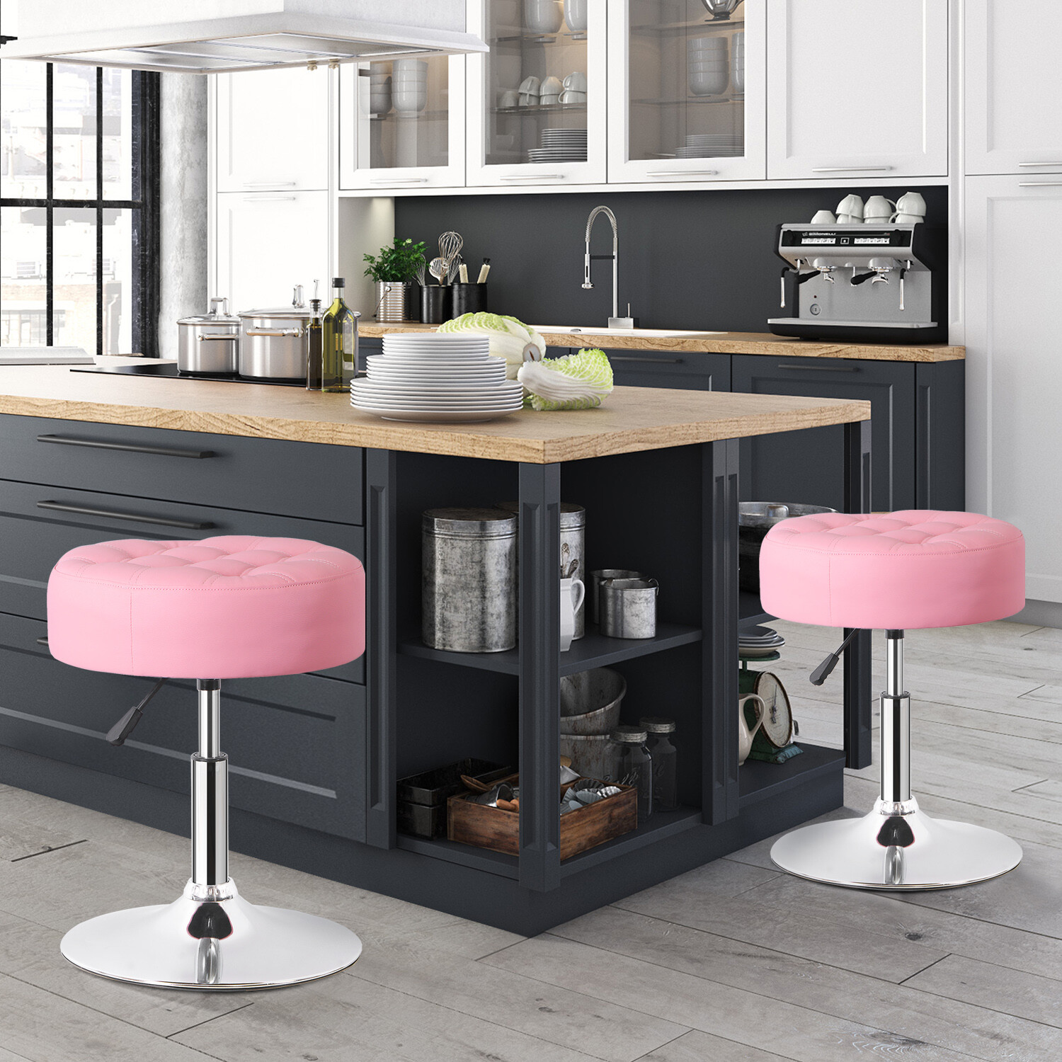 2X Vanity Stool Makeup Room Seat Chair Adjustable Height PU Leather Round Pink