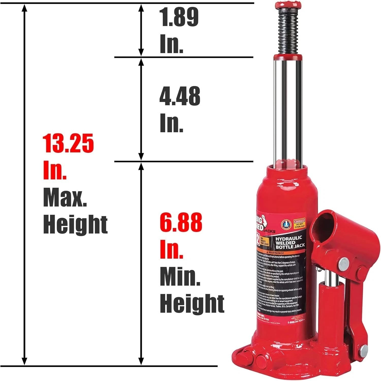 T90203B Hydraulic Welded Bottle Jack, 2 Ton 4,000 lb Capacity, Red
