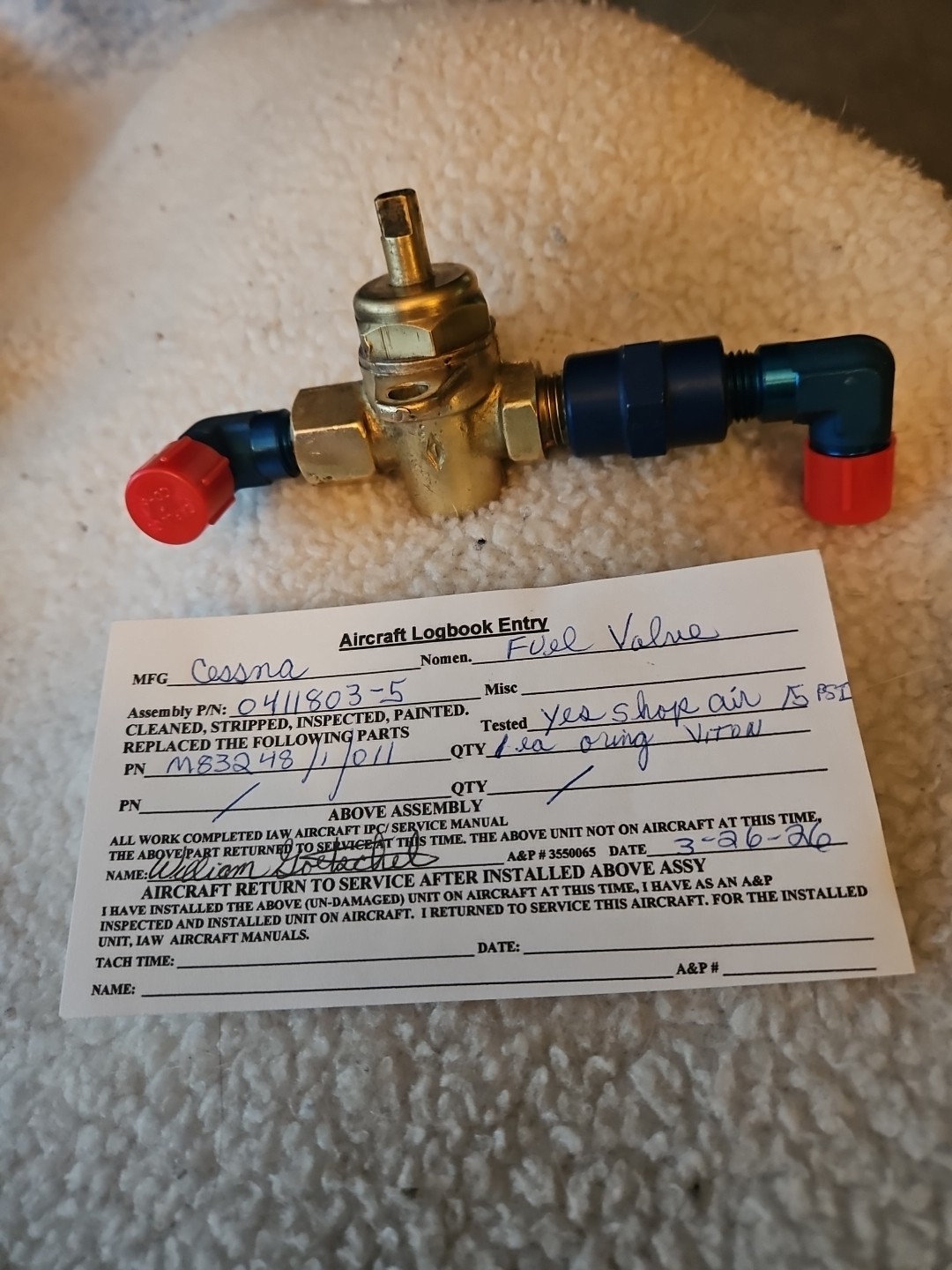 Cessna 150 FUEL SHUT OFF VALVE  ASSY  PN 0411803-5  WITH No HANDLE FAA SIGN OFF