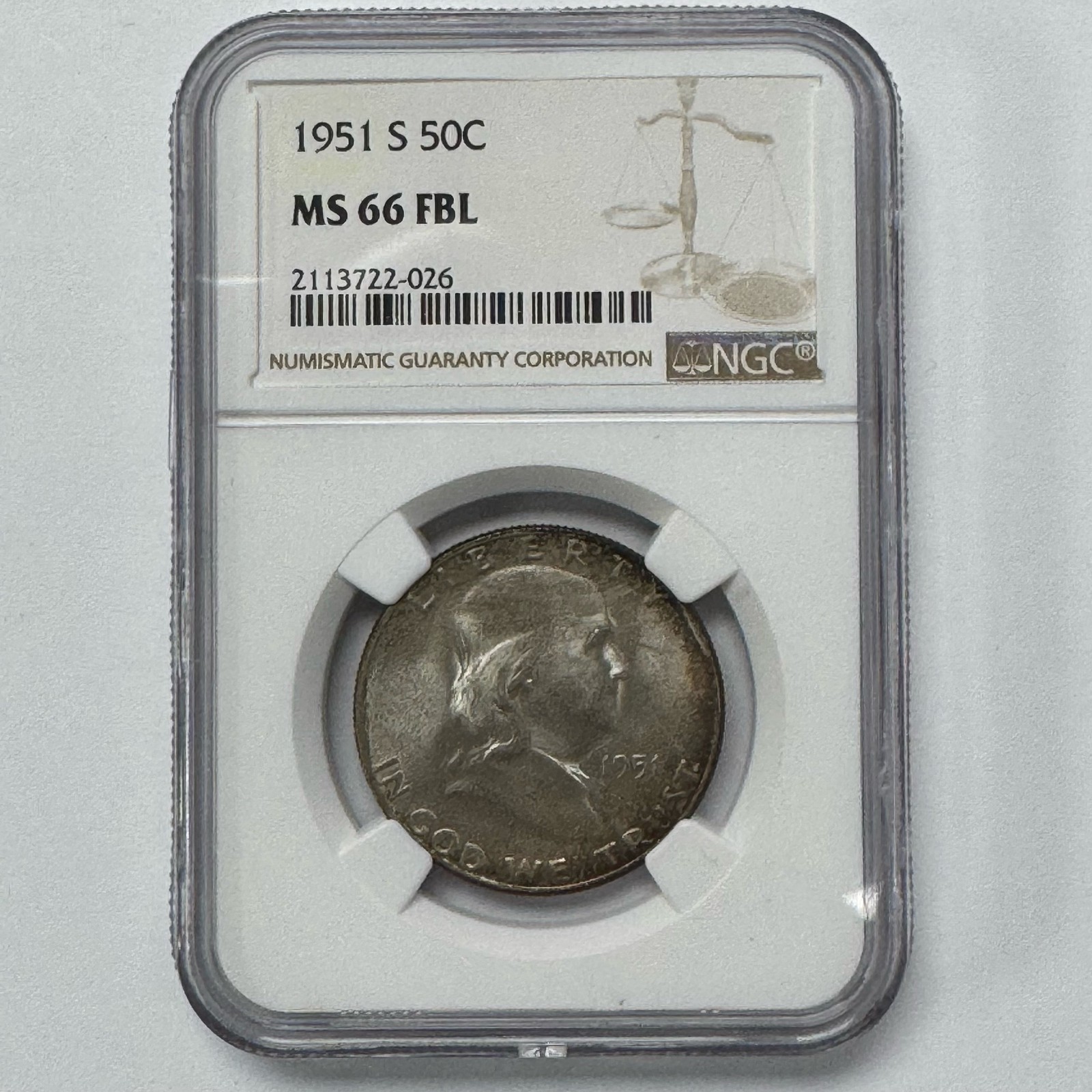 1951-S Franklin Half Dollar 50c NGC MS66 FBL Full Bell Lines Toned
