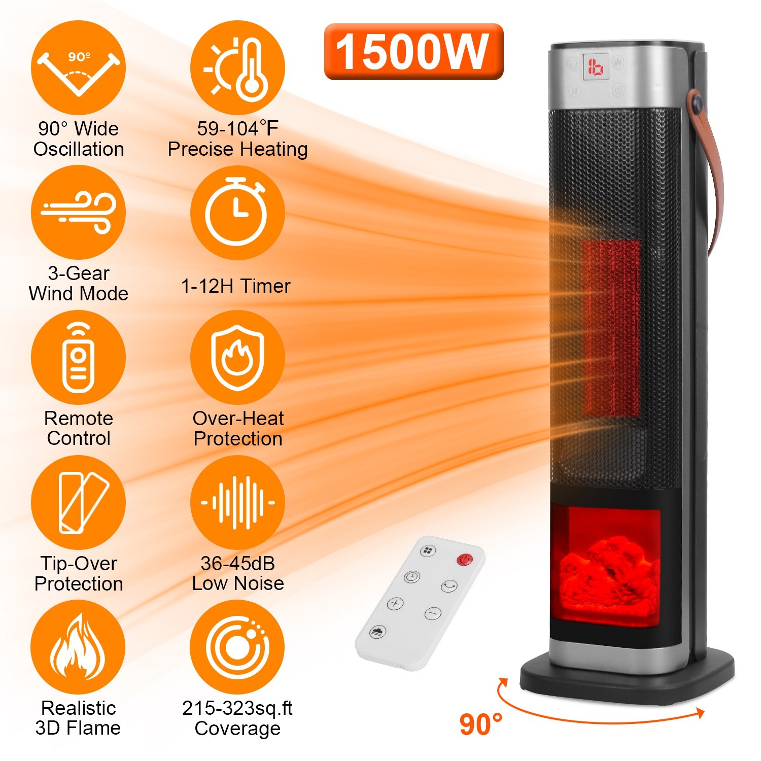 Space Heater 90°Oscillating 1500W Electric Ceramic Tower Heater w/Remote Control