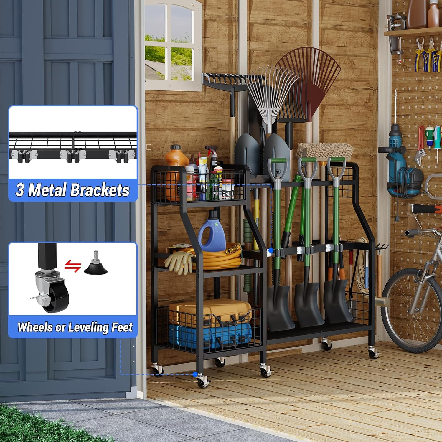 Garden Tool Organizer with 6 Wheels(3 Lockable), Heavy Duty Yard Tool Organizer