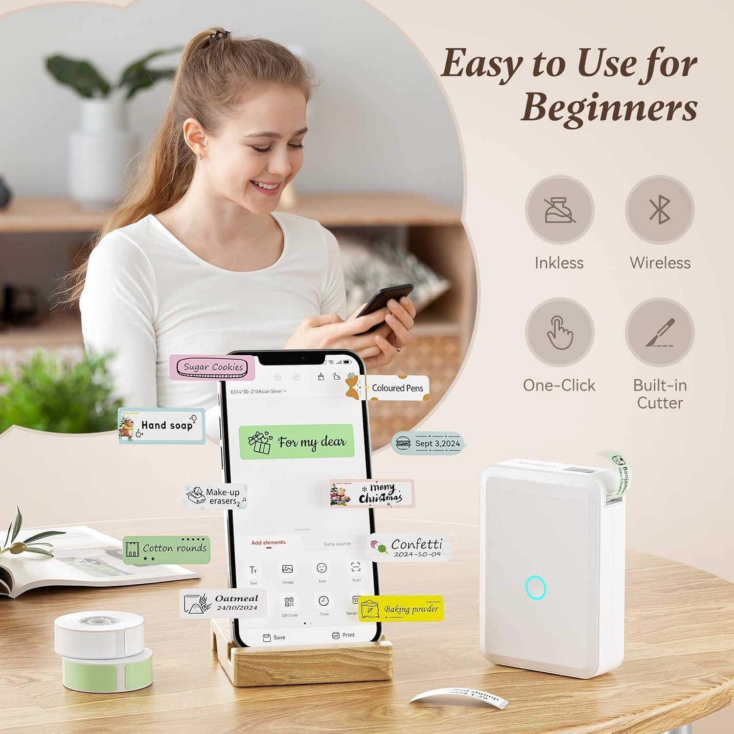 D110 Bluetooth Thermal Label Maker Machine with Tape Portable White
