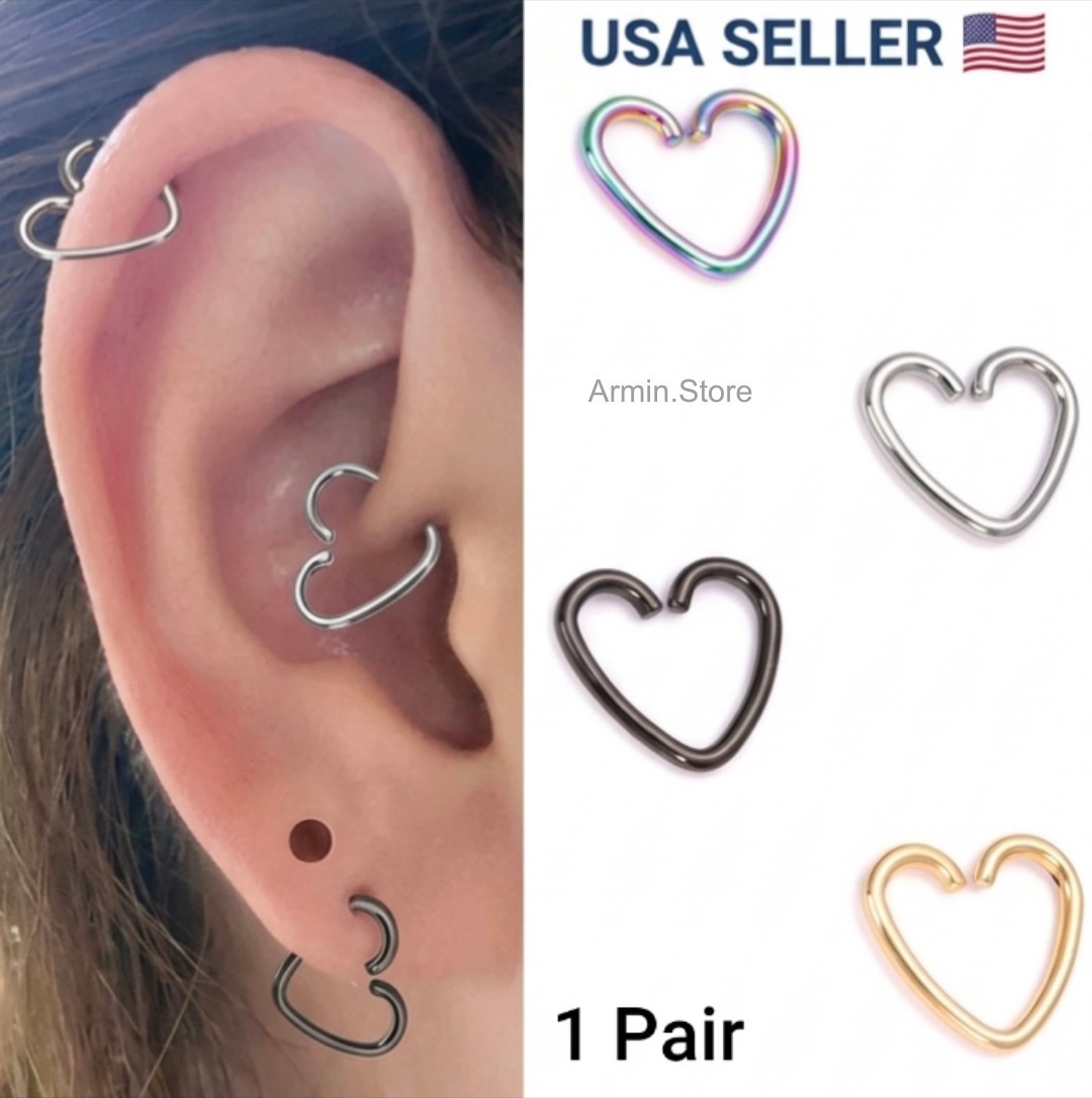 2pcs Surgical Steel Daith Heart Ear Nose Ring Cartilage Tragus Piercings Hoop