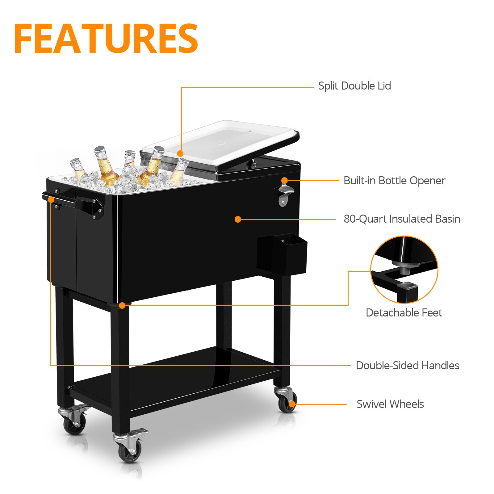 Detachable Design Portable Removable 80QT Rolling Ice Chest & Wheels with Shelf