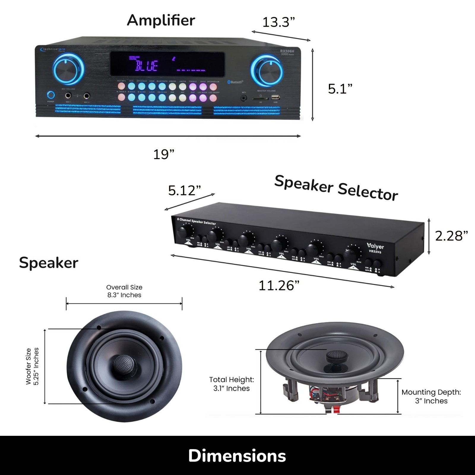 Vaiyer 2000W Audio Kit w/ 12 Frameless Ceiling Speakers, 6-Ch Selector & Wire