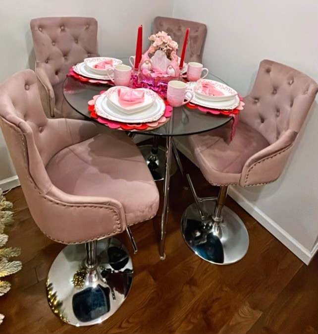 5pc Round Glass Top Dining Table Set w/ 4 Pink Velvet Tufted Chairs Modern