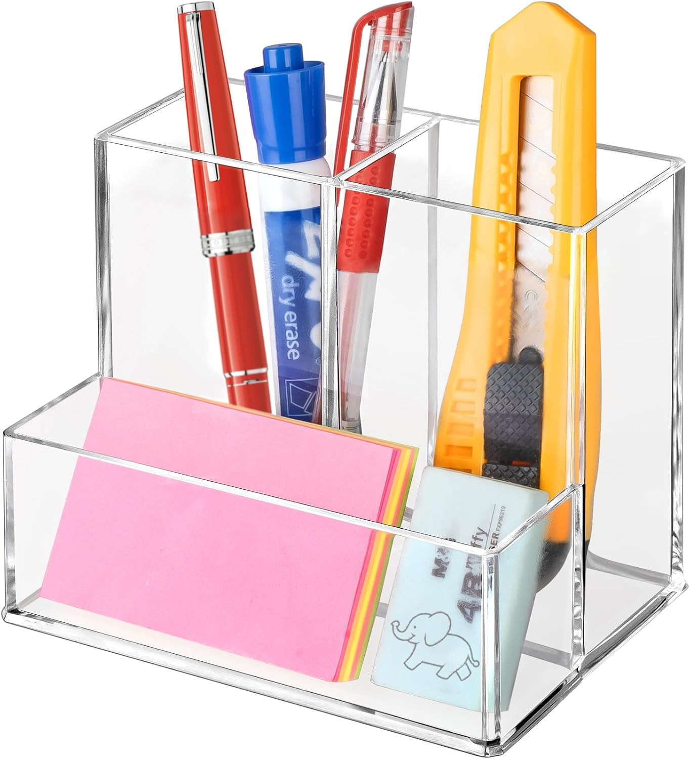 Pen Holder for Desk, Clear Acrylic Pencil Holder for Desk, Marker Holder with 3