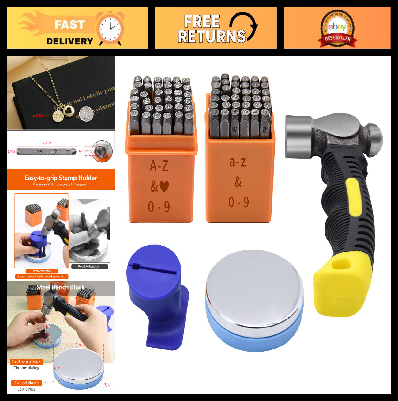 74pcs Metal Stamping Kit - 1/8" Punch, Hammer, Jig & Bench Block Tools Set