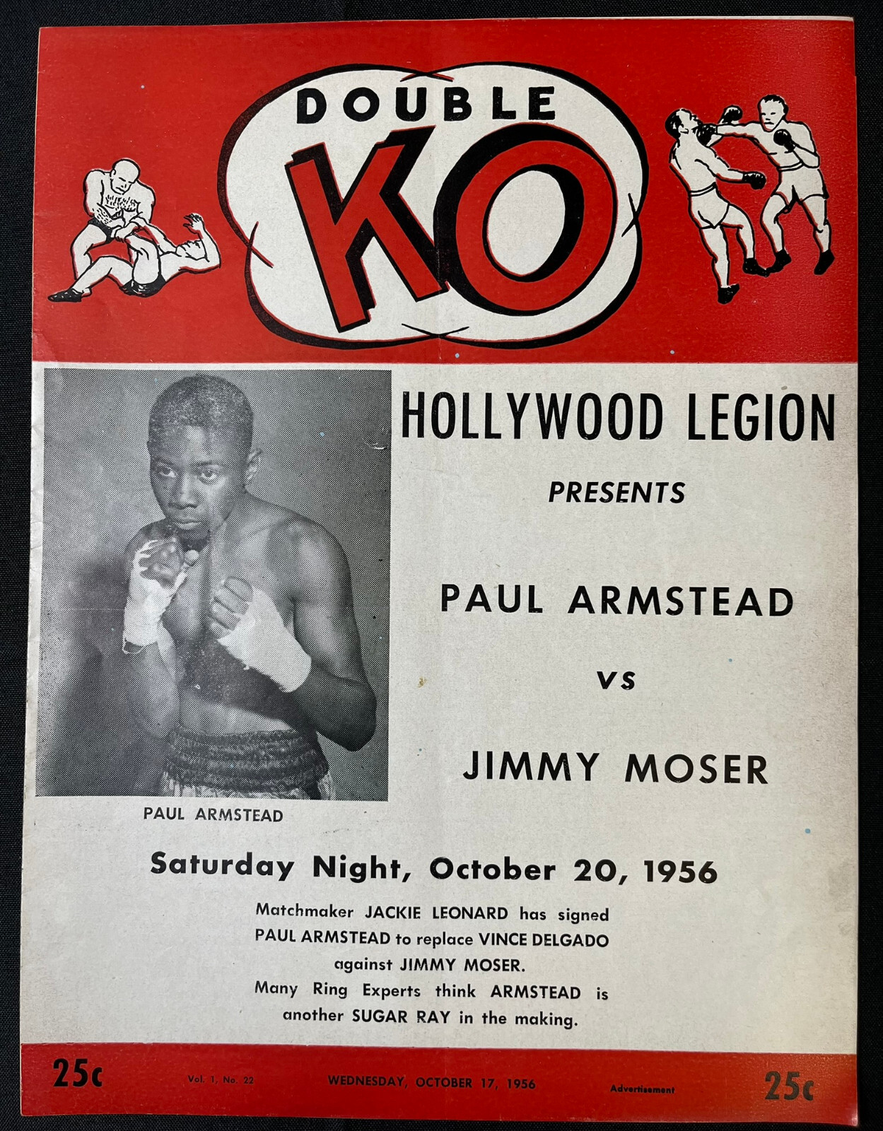 1956 PAUL ARMSTEAD vs. JIMMY MOSER Double KO Boxing Program HOLLYWOOD LEGION