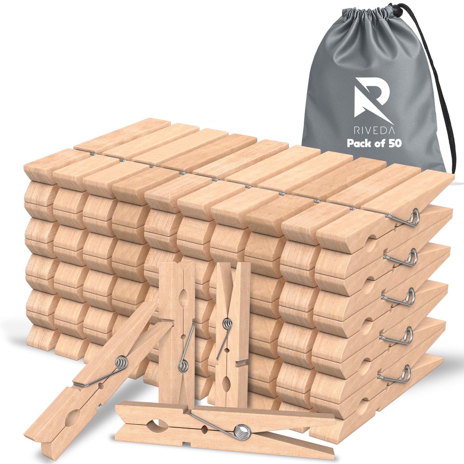 50pcs Wooden Clothes Pins with Storage Bag, 2.9 Inch Natural Wood Clothespins...
