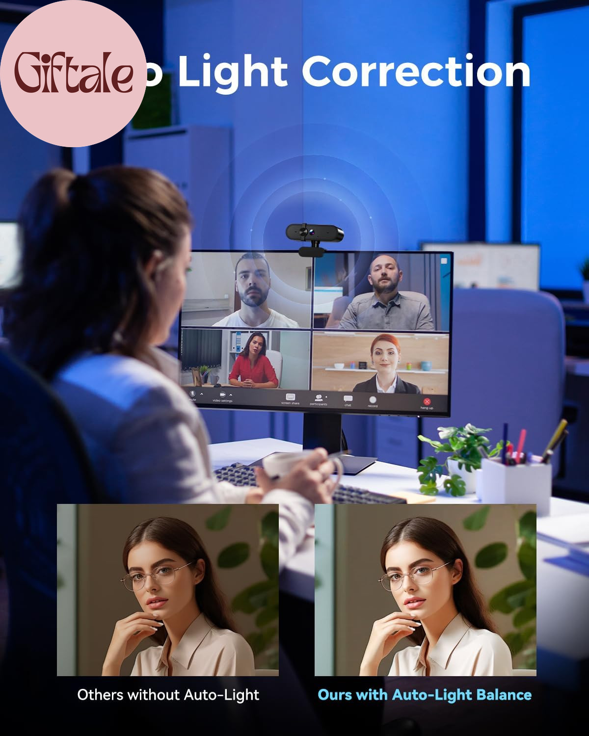 1080P Webcam Computer Camera with Microphone & Wide View - Auto Light Correction