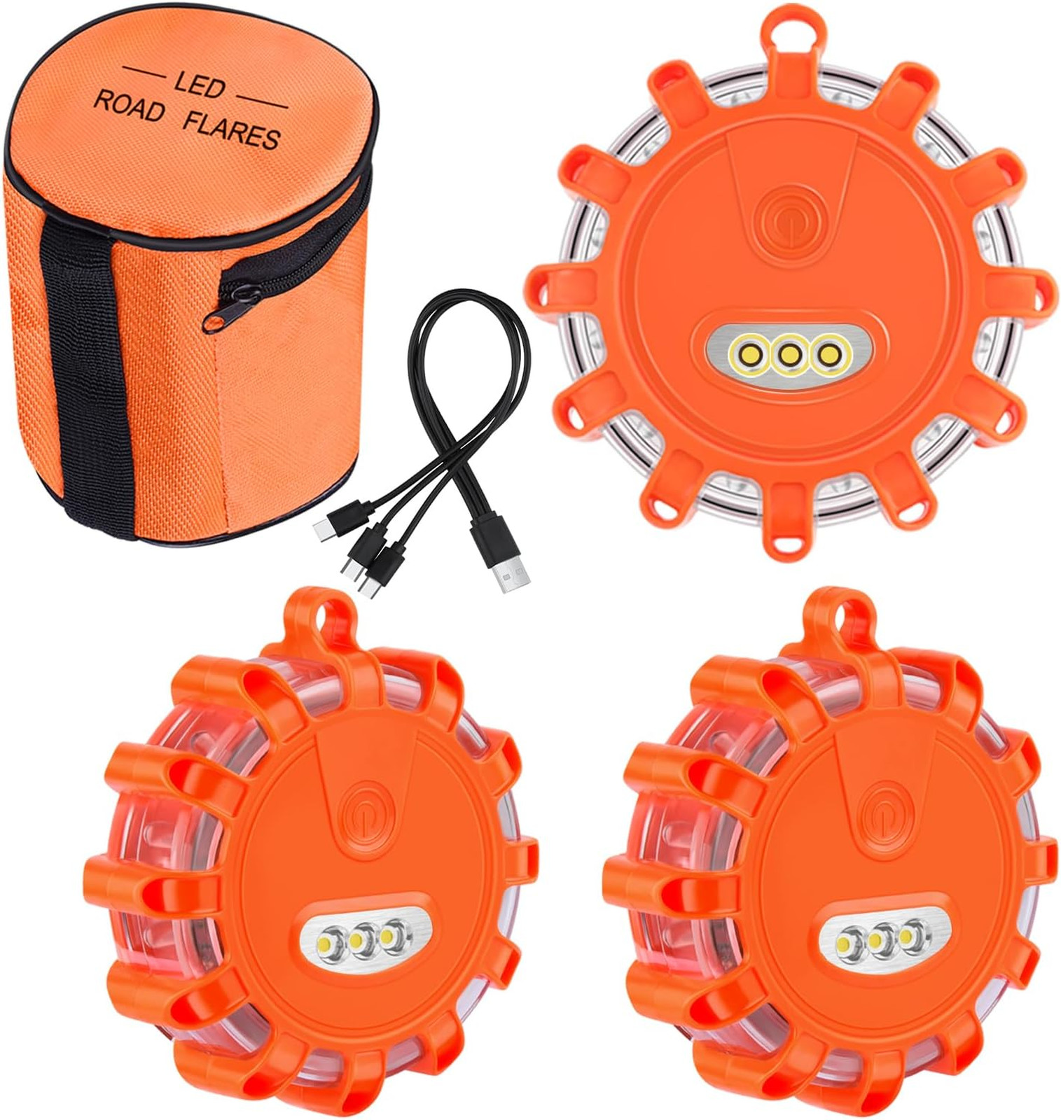 USB C Rechargeable LED Road Flares Emergency Lights Kit Three Pack Magnetic Base