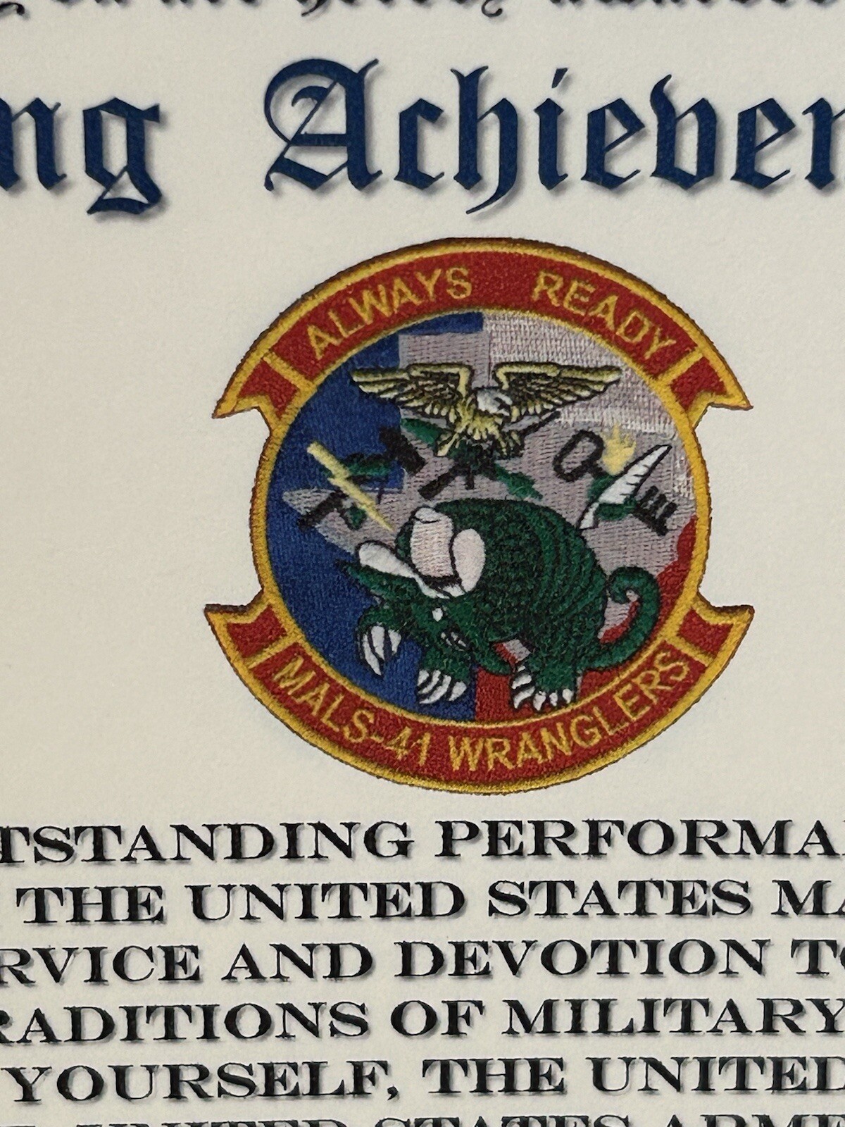 U.S.M.C. / MARINE WRANGLERS - MALS-41 / OUTSTANDING ACHIEVEMENT AWARD