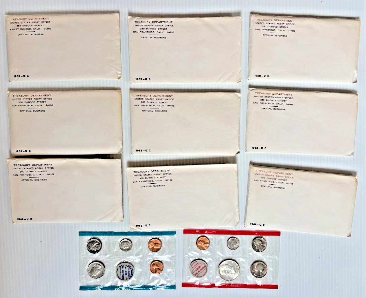 1968 US Mint Uncirculated Sets, Lot of 9, OGP, Kennedy 40% Silver Half Dollar