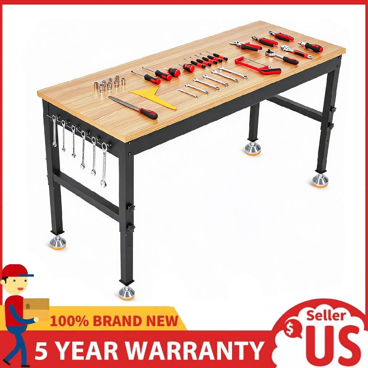 48" Workbench Adjustable Height Work Table Garage ,2500LBS Load Rubber Wood Top