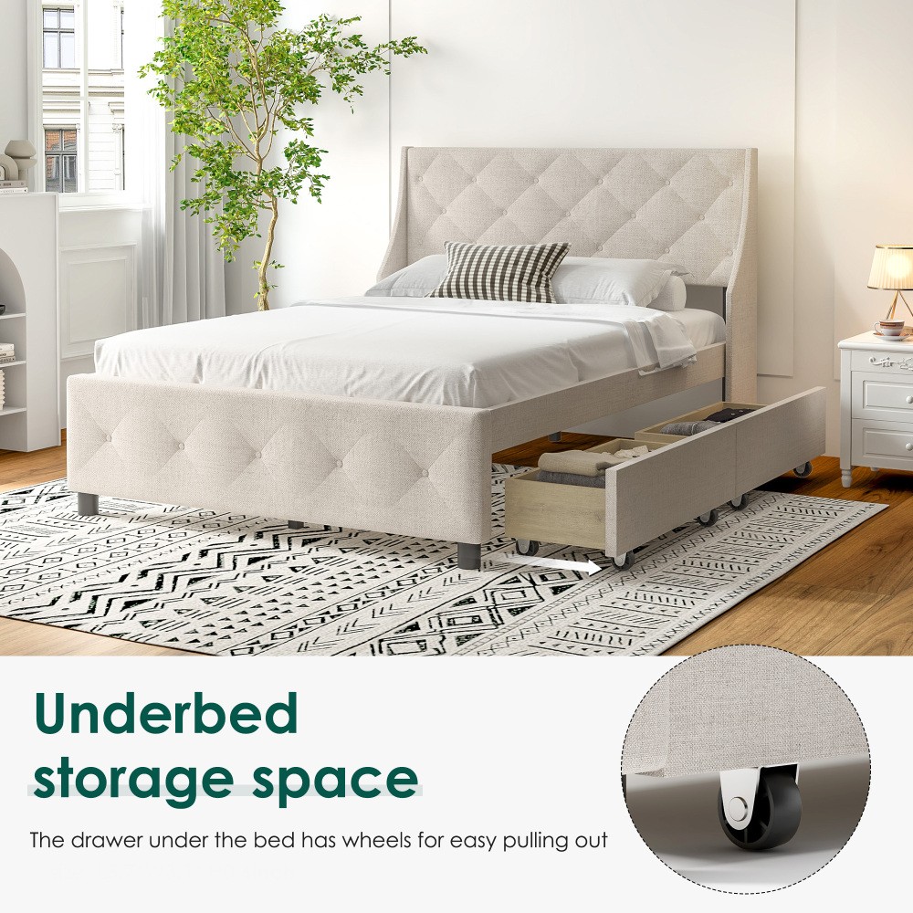 Queen Bed Frame with Storage Headboard and Drawers, Strong Metal Slats