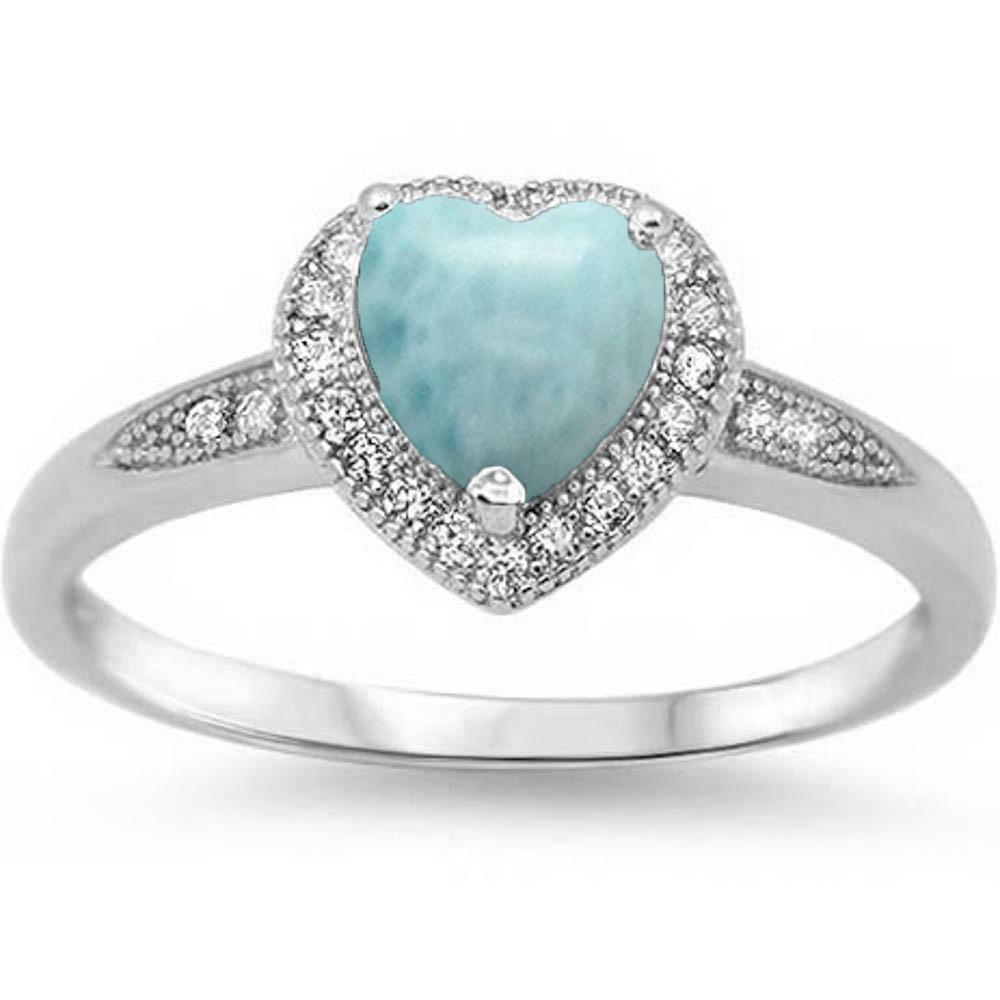 Halo Heart Natural Larimar Promise Solitaire .925 Sterling Silver Ring