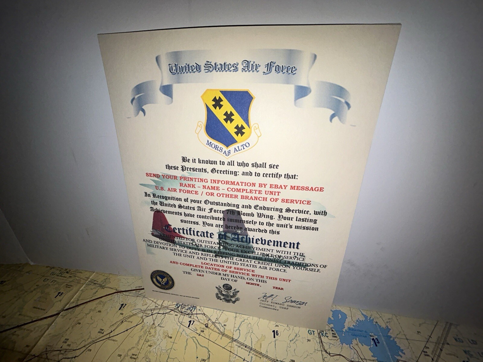 U.S.A.F. / AIR FORCE 7TH BOMB WING - CERTIFICATE OF ACHIEVEMENT
