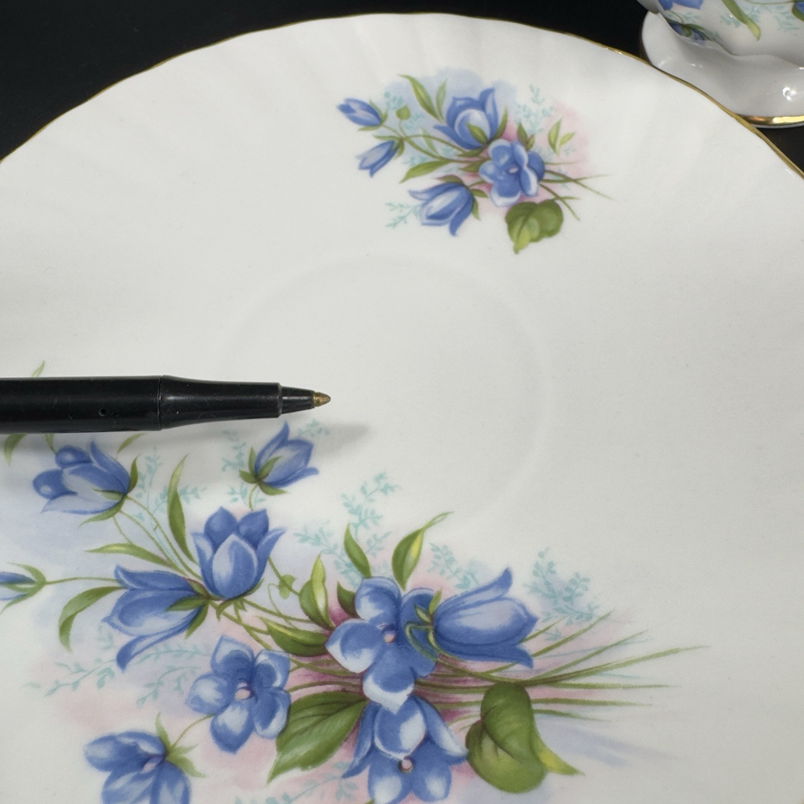 Queens Rosina China Co Blue Flowers Teacup Saucer Set Porcelain Vintage England