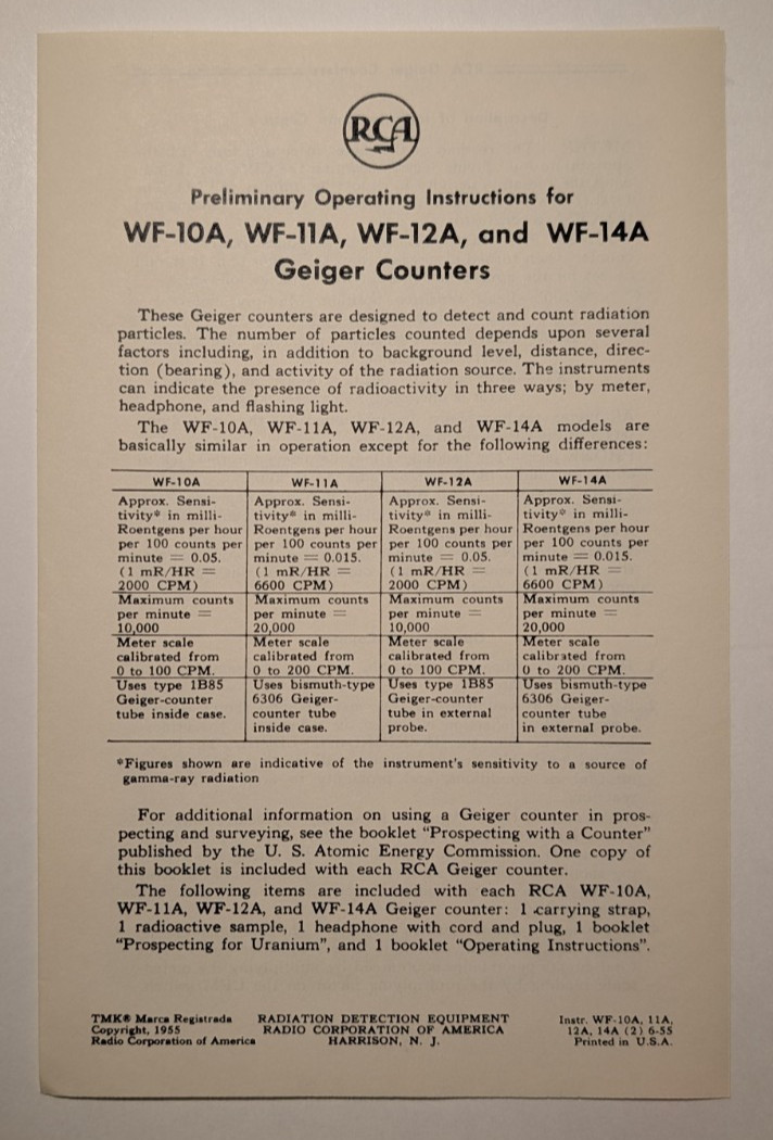 1950s RCA Geiger Counter Instruction manual for WF-10A, WF-11A, WF-12A, & WF-14A