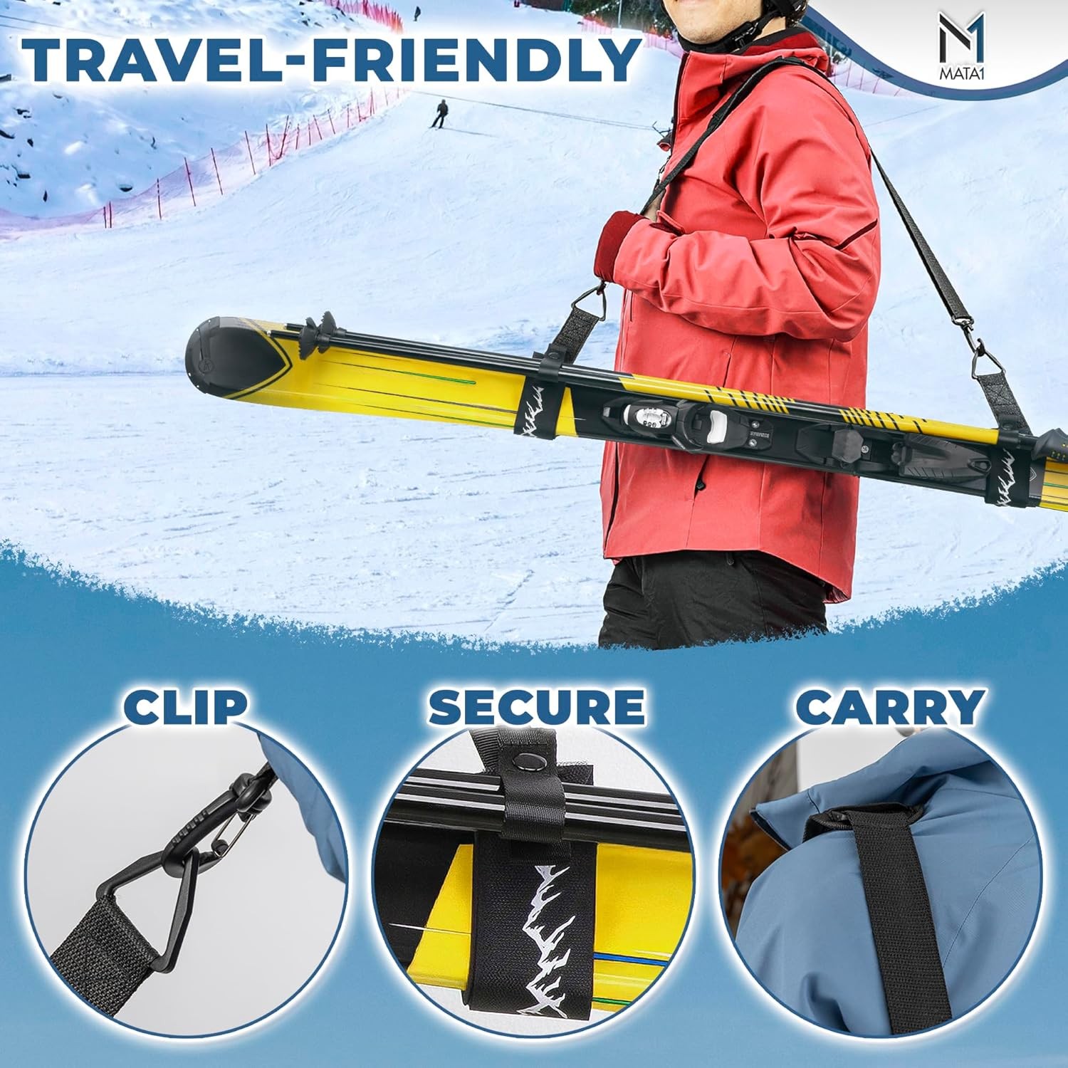Ski Strap & Pole Carrier - Black - Adjustable Shoulder Strap to Carry Skis & Pol