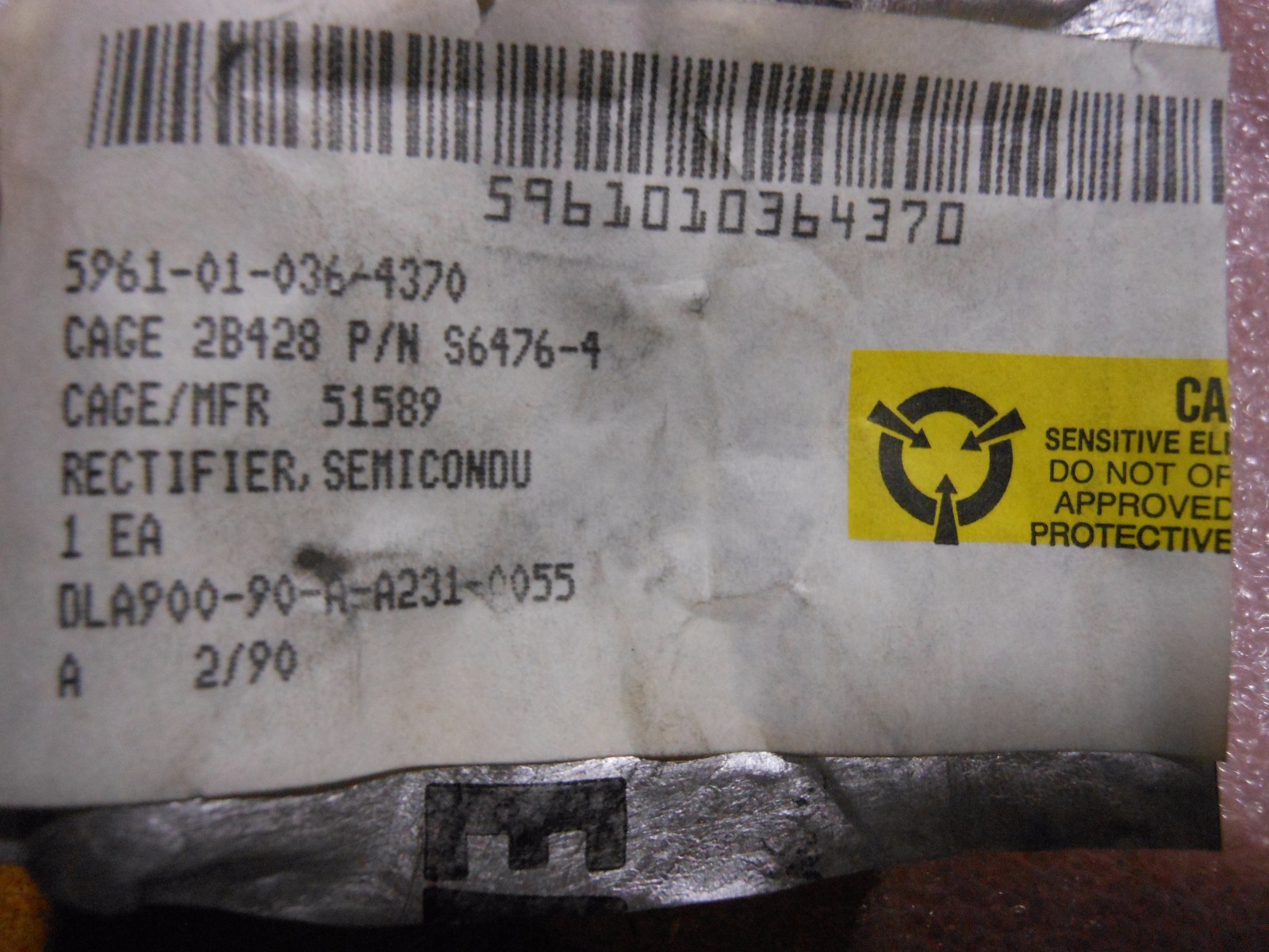 ST SEMICON RECTIFIER PART # S6476-4 NSN: 5961-01-036-4370