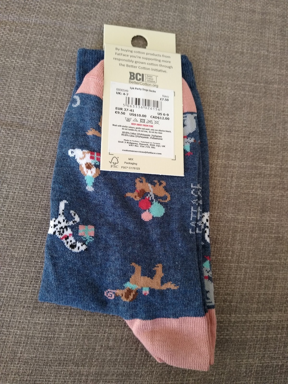 FAT FACE WOMENS PARTY DOGS SOCKS (UK 4-7) ANIMALS - NAVY BLUE - GREAT GIFT