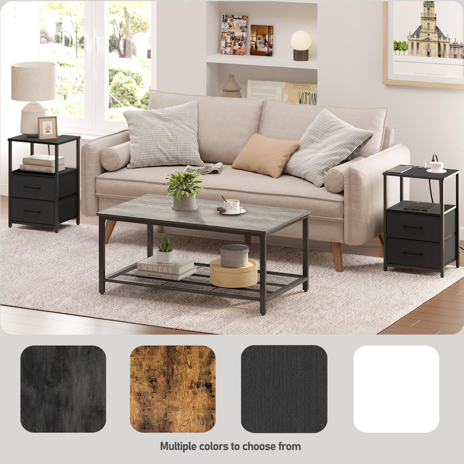 End Table with Charging Station, Side Table with 2 USB Ports and Outlets, Nig...