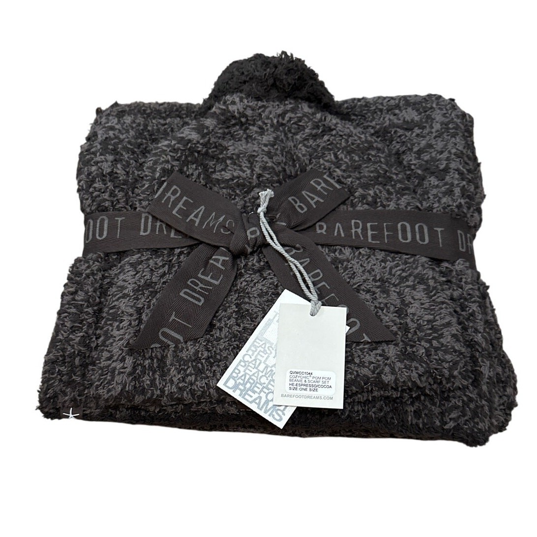 Barefoot Dreams Cozychic Pom Pom Beanie & Scarf Set Espresso One Size New