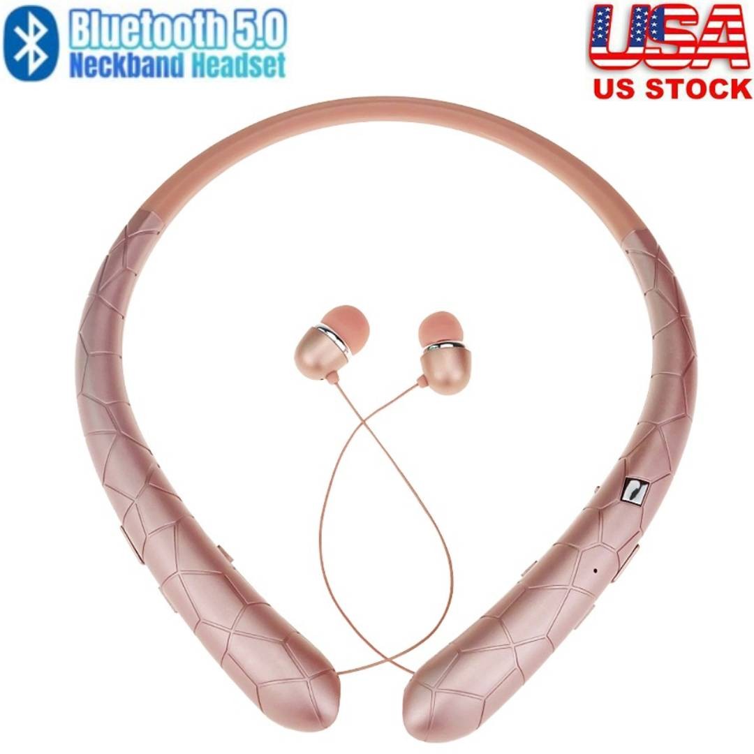 Sweatproof Neckband Headset Wireless Bluetooth Retractable Headphones Earbuds US