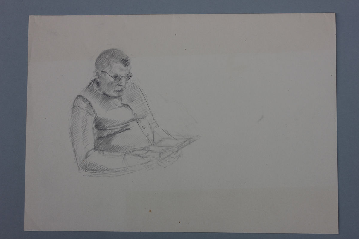 Book Reading Man Pencil Drawing, 1920s - Estate Anton Kist