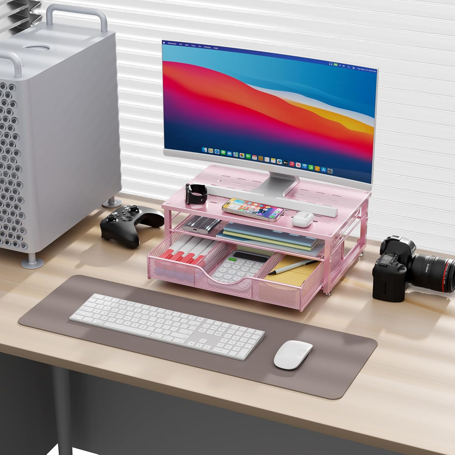 Computer Monitor Stand Riser with Drawer Office Organizer Storage Pink