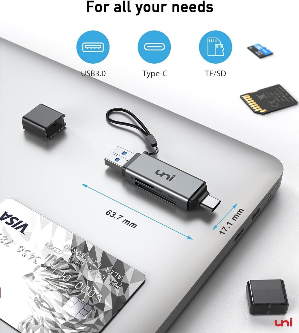 uni USB-C SD Card Reader Dual Slot Micro SD Adapter USB 3.0 Mac Chromebook