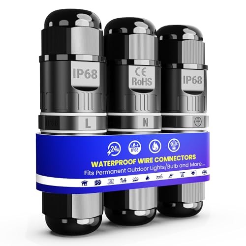 IP68 Tool-Free 3-Pin Waterproof Electrical Connector Box | Black - 3 Pack