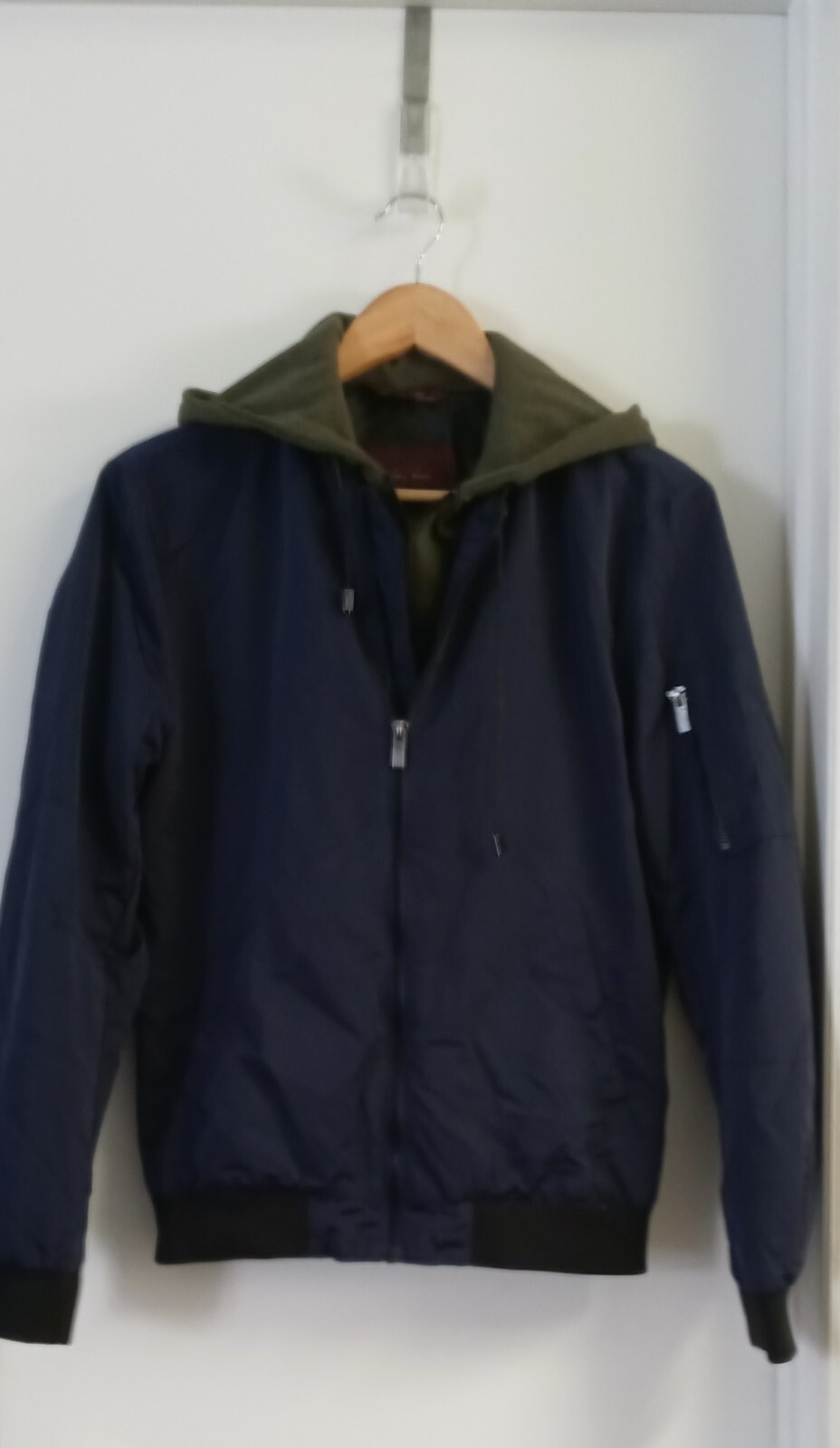 Zara Man Blue & Green Bomber Jacket With Hood Size S