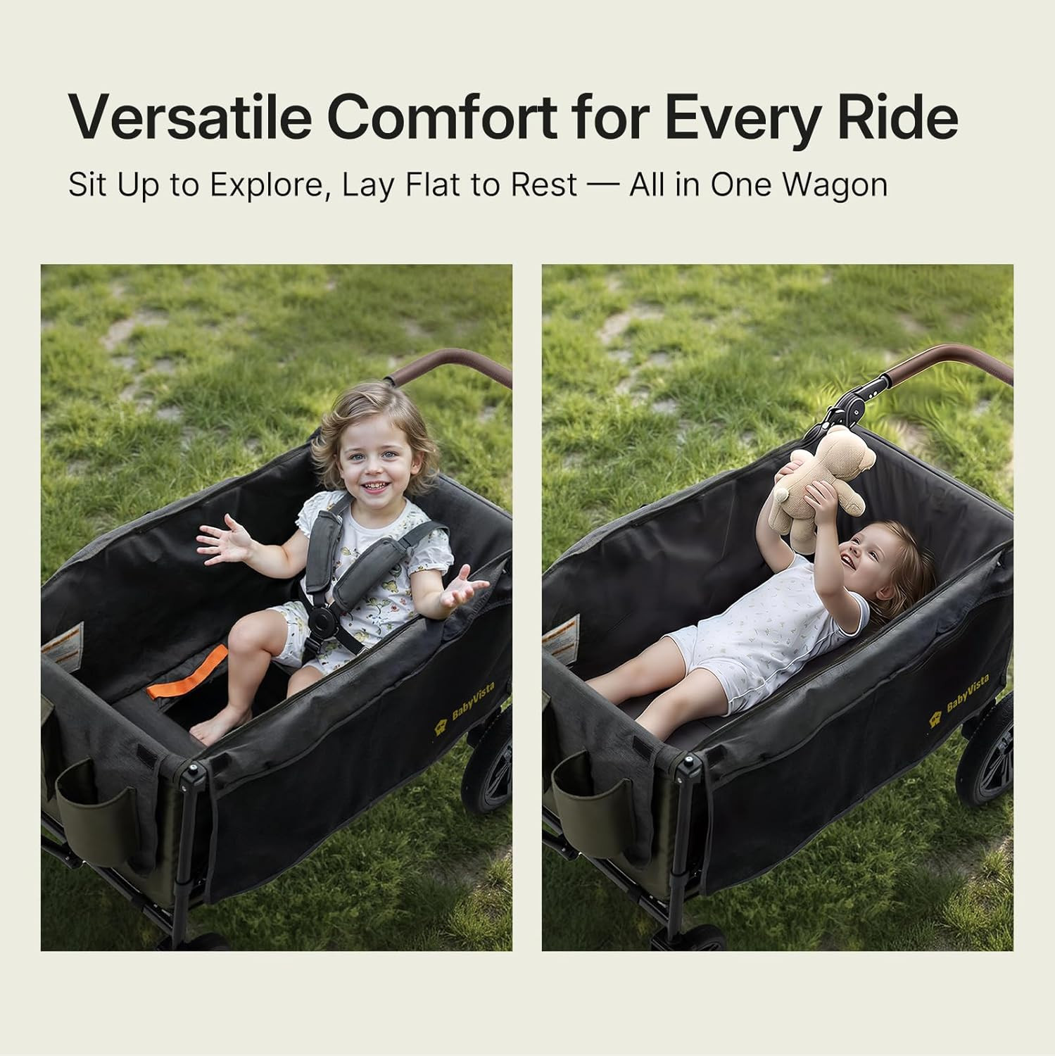 Stroller Wagon for Kids, One-Hand Adjustable Push/Pull Handle, Spacious Storage,
