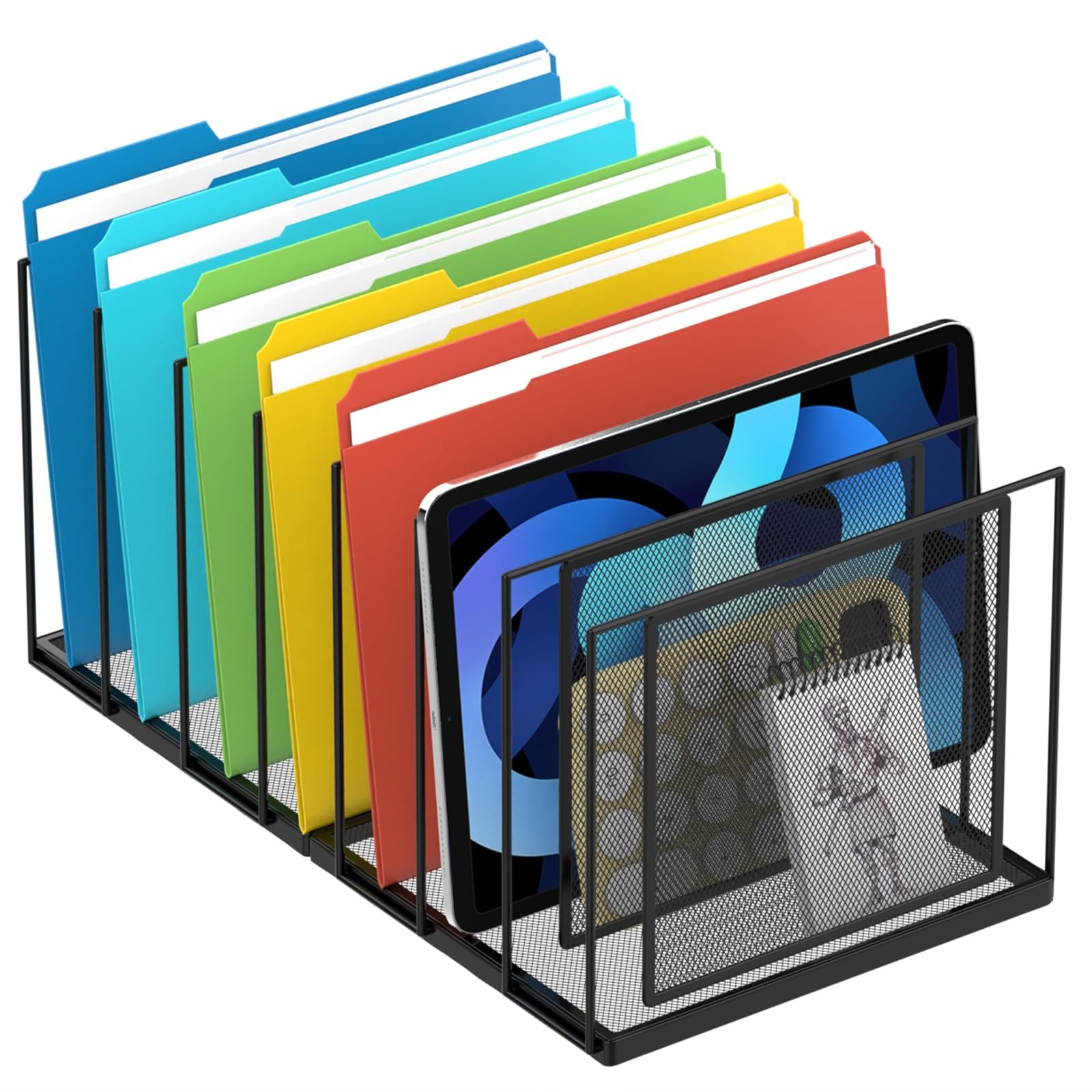 File Organizer For Desk, 7 Section Metal Desktop File Sorter, Black