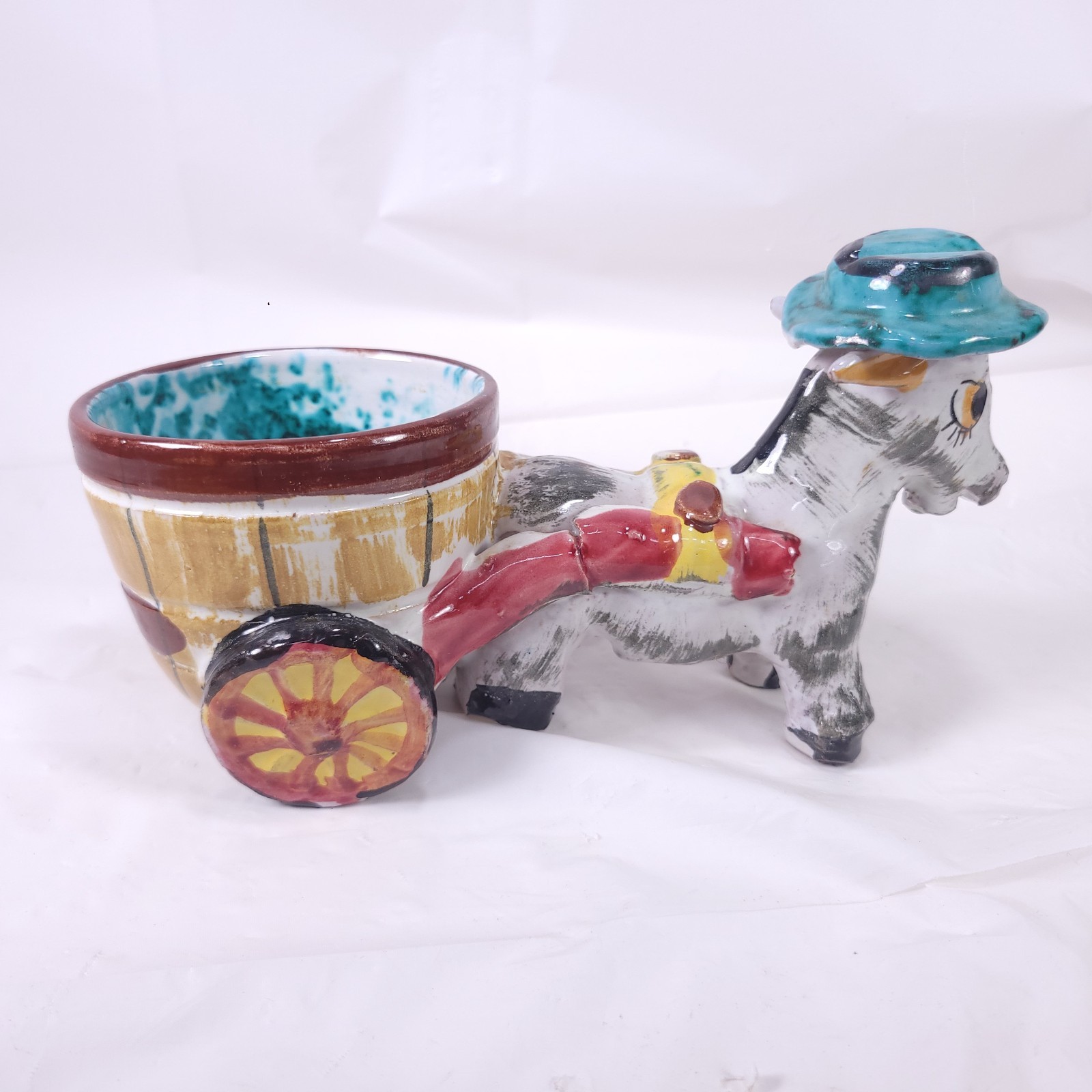 Planter Donkey Wearing Hat Pulling Cart Ceramic Folk Art Pottery Italy Vintage