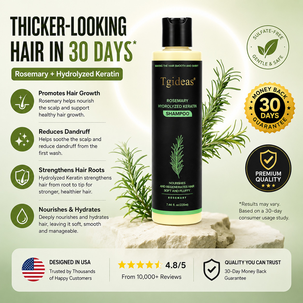 TgideasRosemary Hair Growth Shampoo Hydrolyzed Keratin Shampoo for Thinning Hair