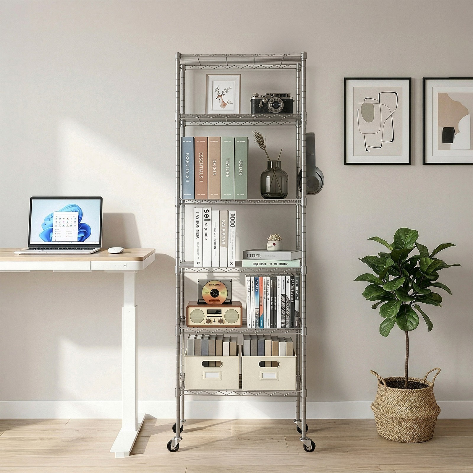 6 Tier Wire Shelving Metal Storage Garage Rack Adjustable Shelf with Wheels Hook