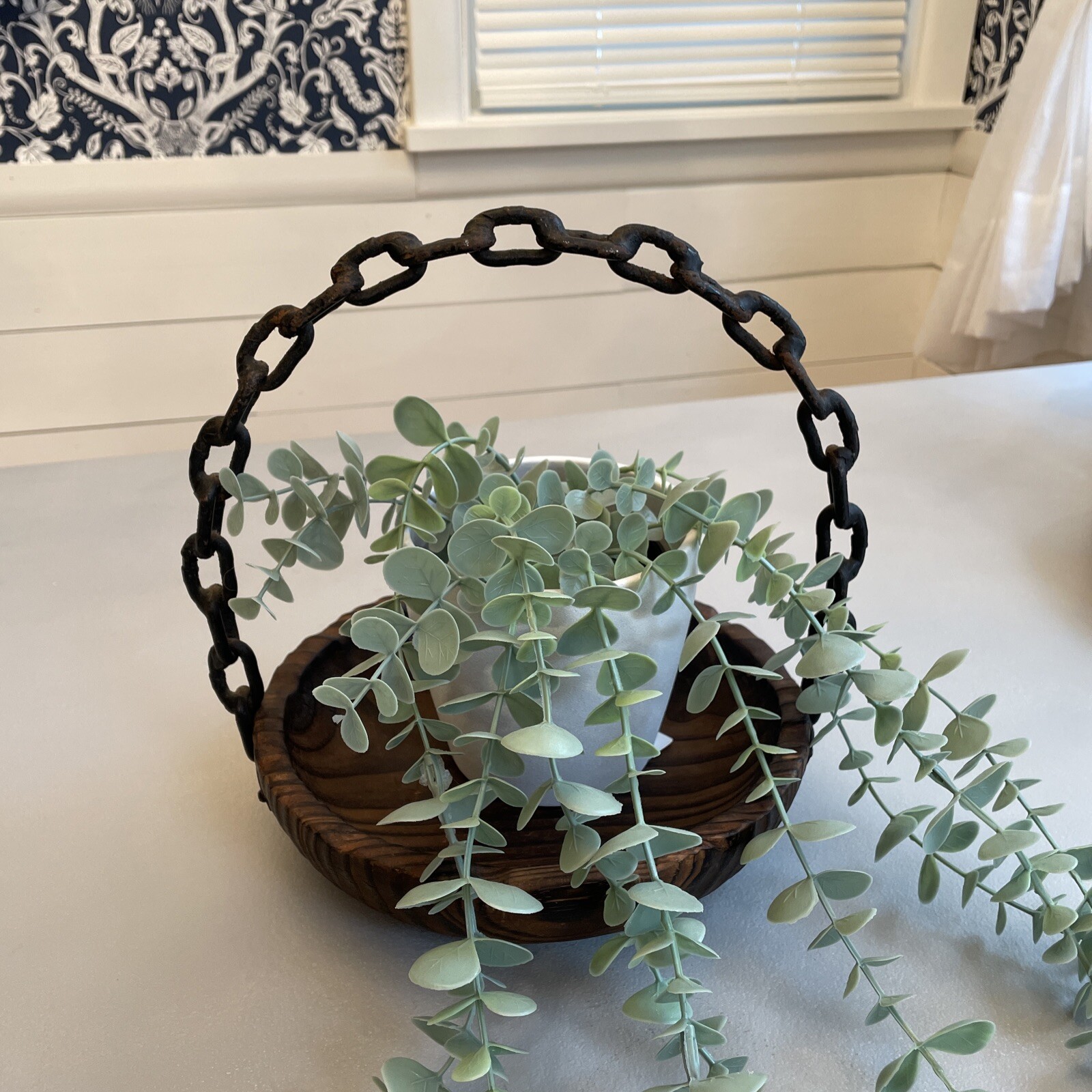 Rustic Wooden Basket with Old Rusty Chain handle Western Or Boho Decor