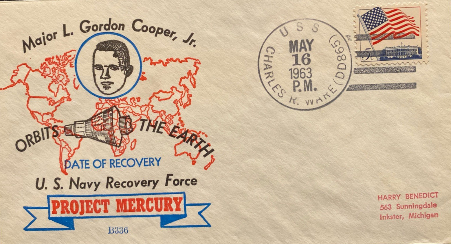 BECK NAVAL SPACE COVER #336 MERCURY COOPER ONBOARD WARE RARE /PM IN CANCEL 1963
