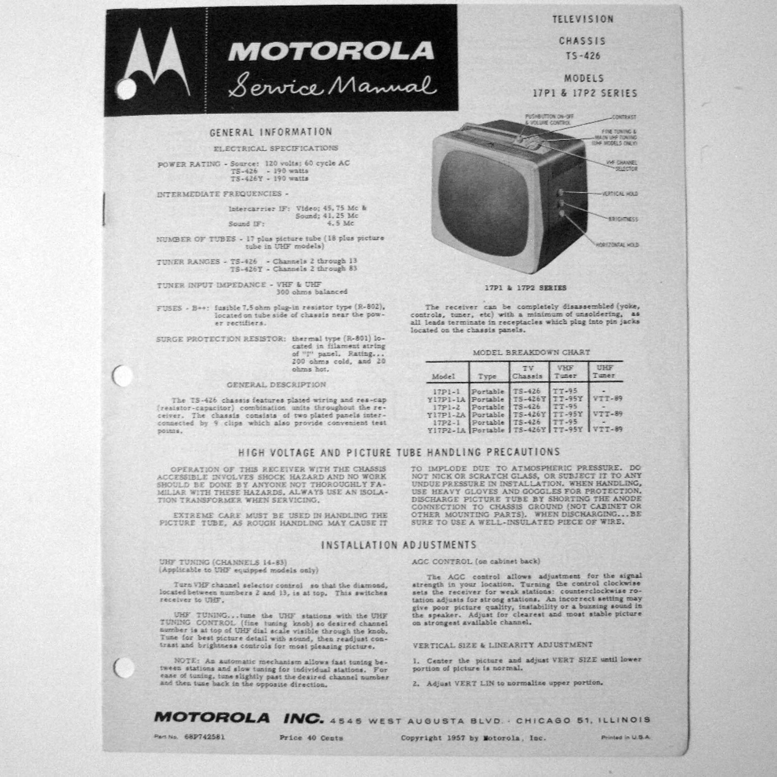 Motorola ® Models 17P1 17P2 Series Television TV Service Manual © 1957